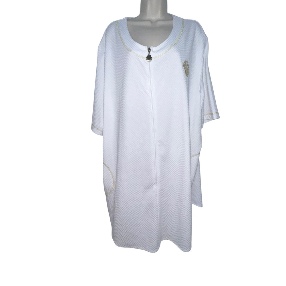 Y2K Paradise Bay Plus Resort Wear Beach Cover-Up Tunic 3X White Gold Shell Zip